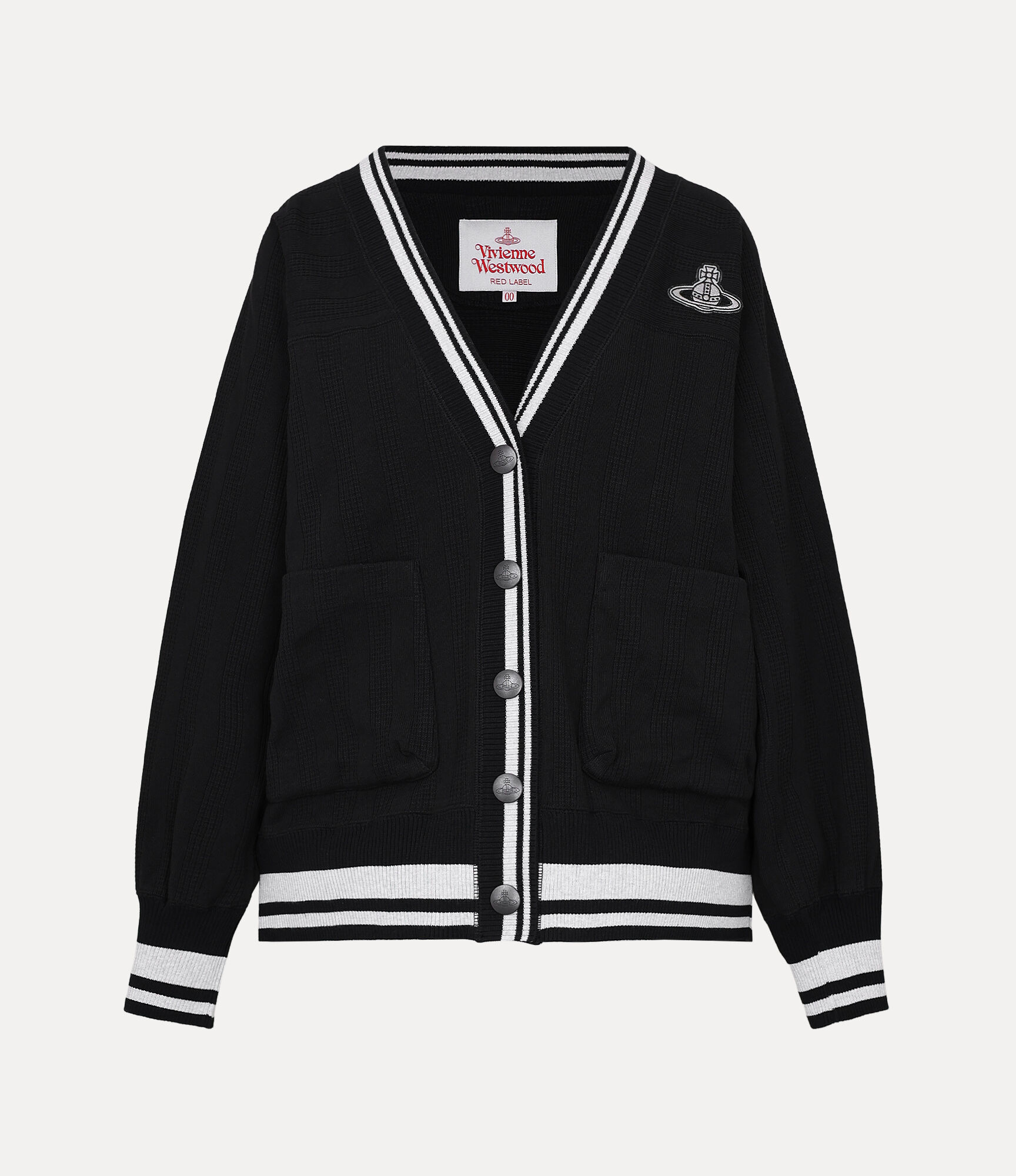 Waffle Stripe Jersey V-Neck Cardigan in BLACK | Vivienne Westwood® Waffle Stripe Jersey V-Neck Cardigan in BLACK | Vivienne Westwood®