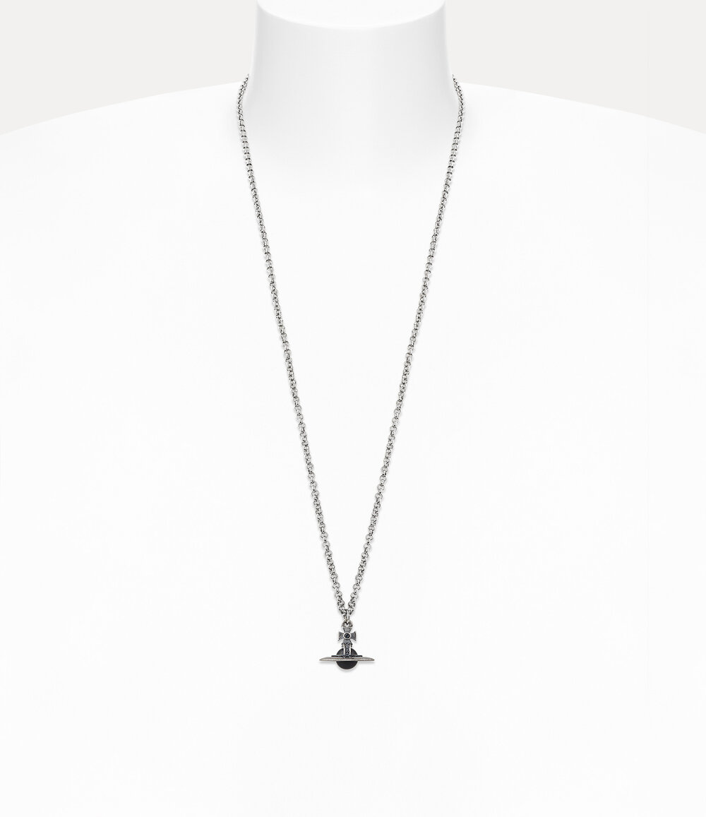 Vivienne Westwood Man. New Tiny Orb Pendant Necklace in Oxi Silver Platinum Silver Night Crystal Light, view 2