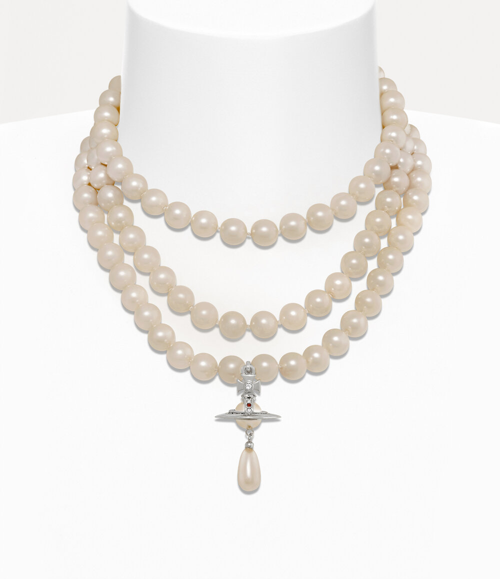 Vivienne Westwood Three Row Pearl Drop Choker in Silver