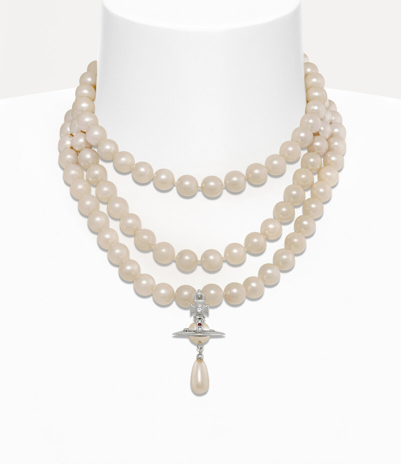 Vivienne Westwood Three Row Pearl Drop Choker in Silver