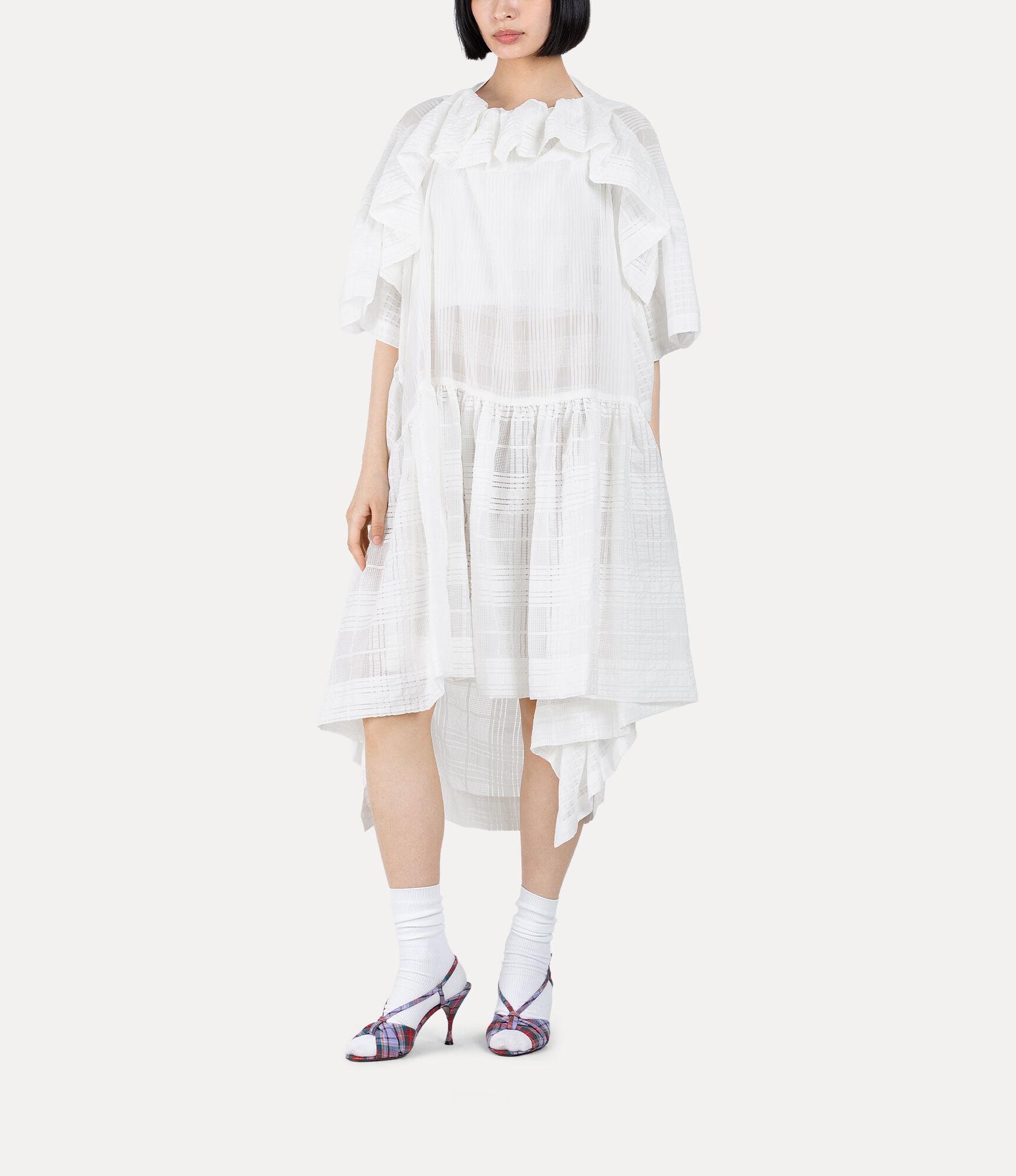 Texture Check Blocking Gathered Frill Dress in WHITE | Vivienne