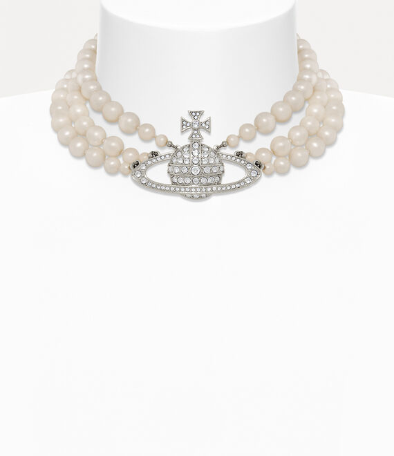 Vivienne Westwood Three Row Pearl Bas Relief Choker In Platinum-pearl-crystal