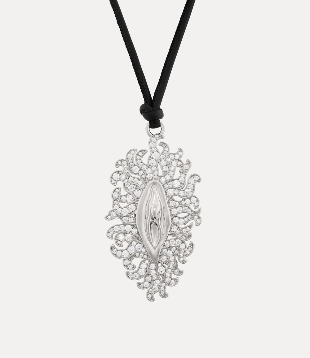 Vivienne Westwood Floriana Pendant Necklace in platinum white cz black leather