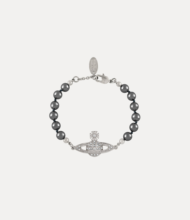 Vivienne Westwood Mini Bas Relief Pearl Bracelet in Platinum Labrador Crystal Dark Grey Pearl