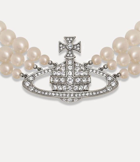 Three Row Pearl Bas Relief Choker in PLATINUM-PEARL-CRYSTAL