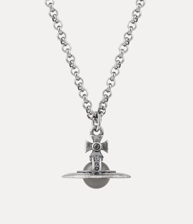 Vivienne Westwood Man. New Tiny Orb Pendant Necklace in Oxi Silver Platinum Silver Night Crystal Light