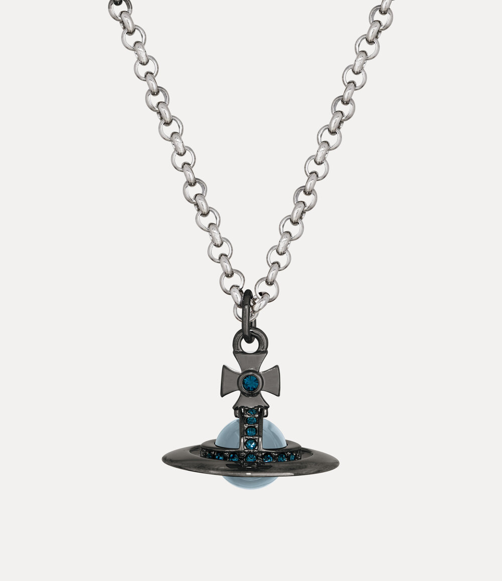 Vivienne Westwood Man. New Tiny Orb Pendant Necklace in Ruthenium Platinum Montana Crystal Blue Cz