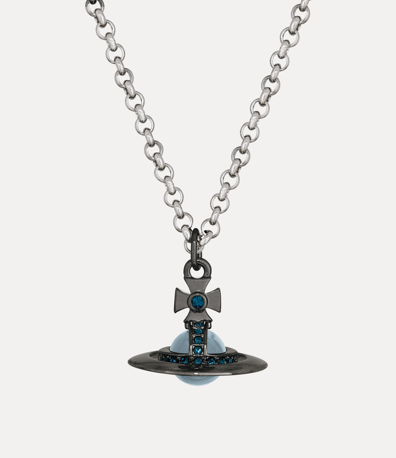 Vivienne Westwood Man. New Tiny Orb Pendant Necklace in Ruthenium Platinum Montana Crystal Blue Cz