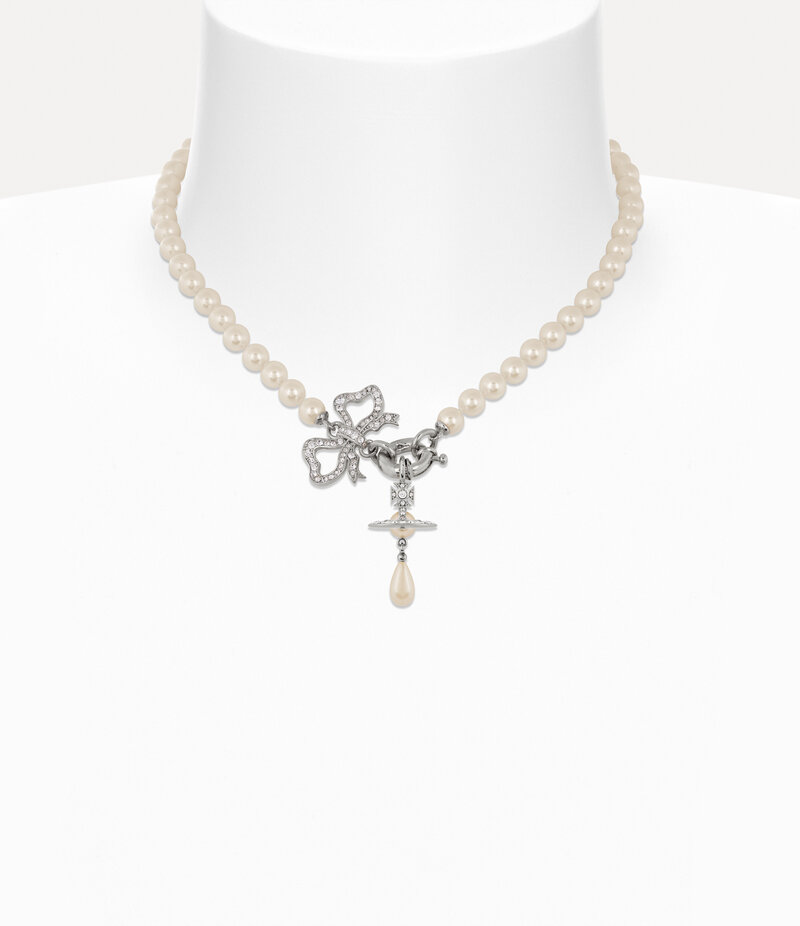 Vivienne Westwood Rigoberta Pearl Necklace in Platinum White Crystal Creamrose Pearl