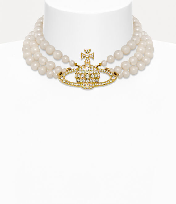 Vivienne Westwood Three Row Pearl Bas Relief Choker In Gold-pearl-crystal