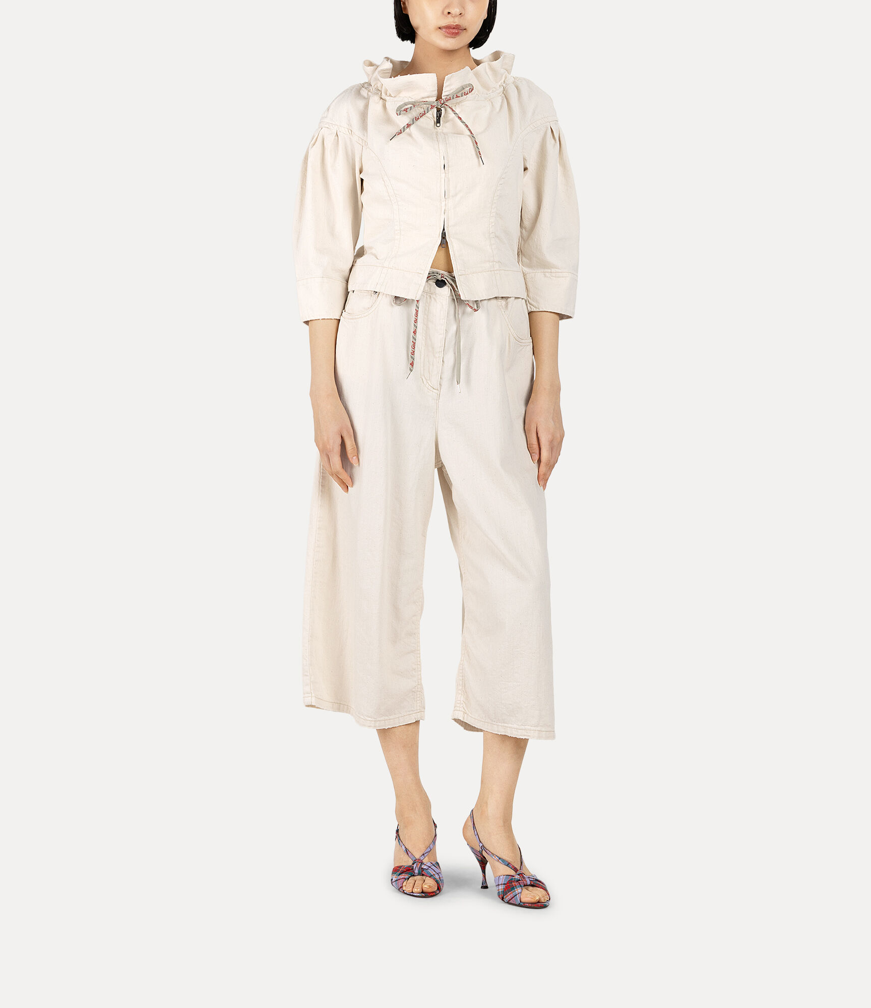 Light Denim Elastic Gathered Wide Trousers in OFF-WHITE | Vivienne