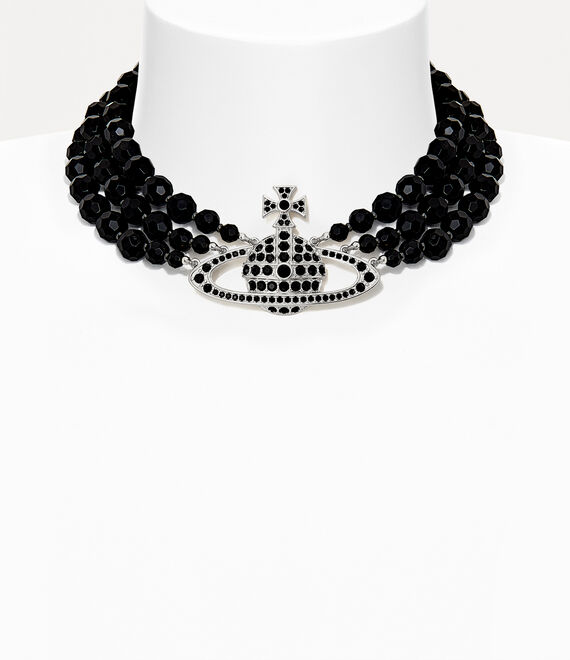 Shop Vivienne Westwood Messaline 3 Row Choker In Platinum-ruthenium-black-agate-gemstone-jet