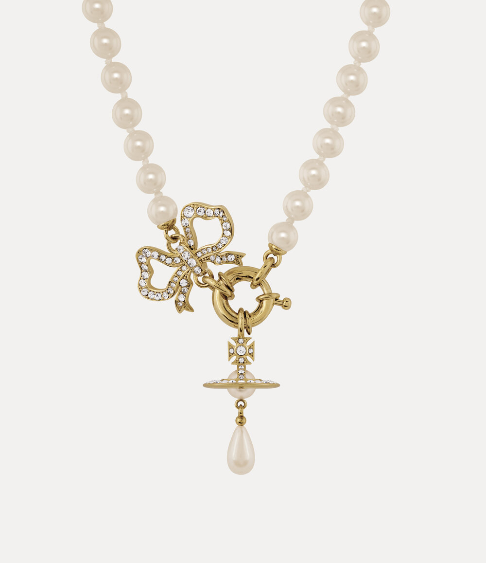 Vivienne Westwood Rigoberta Pearl Necklace in Gold White Crystal Creamrose Pearl, view 2