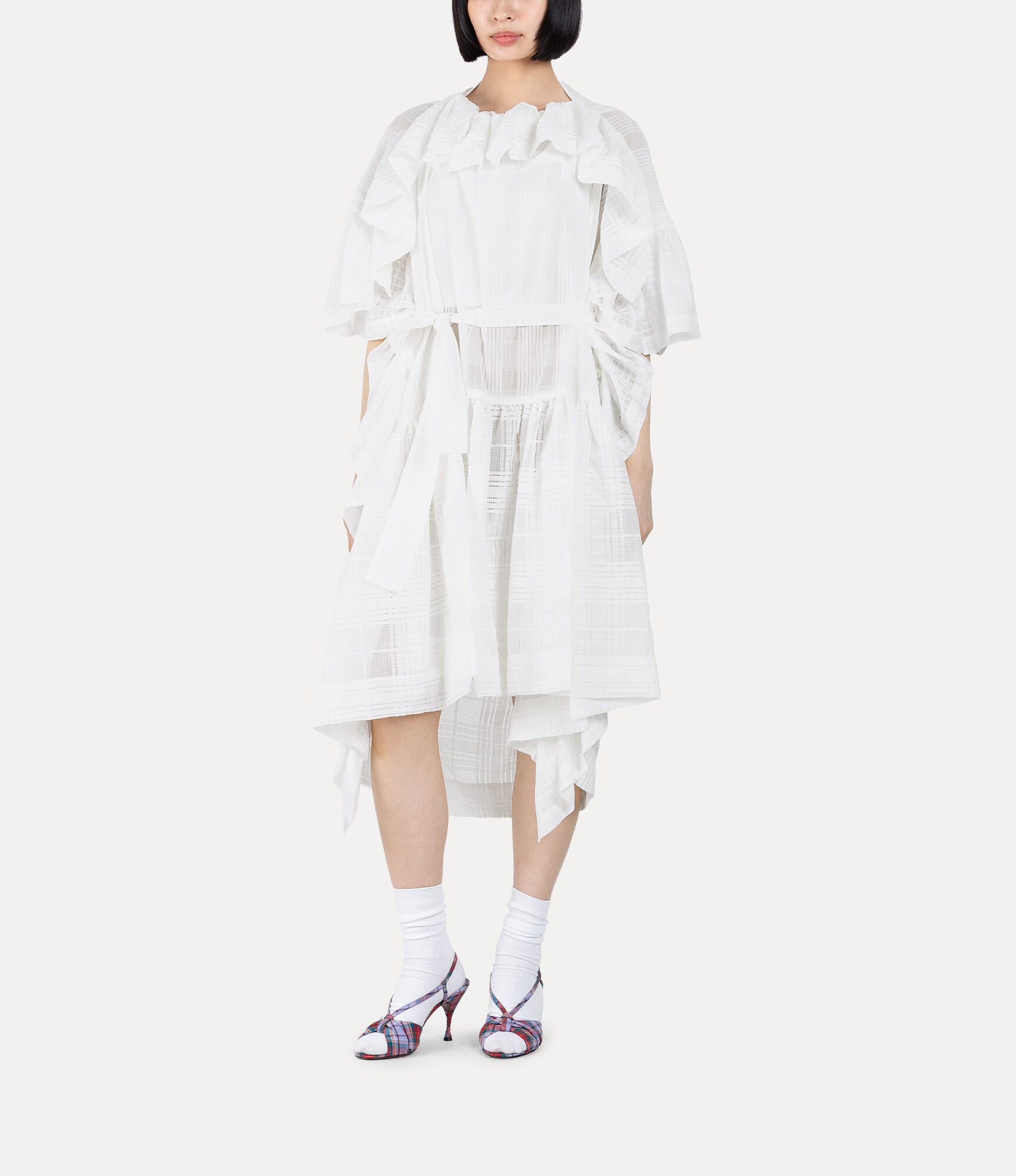 Texture Check Blocking Gathered Frill Dress in WHITE | Vivienne