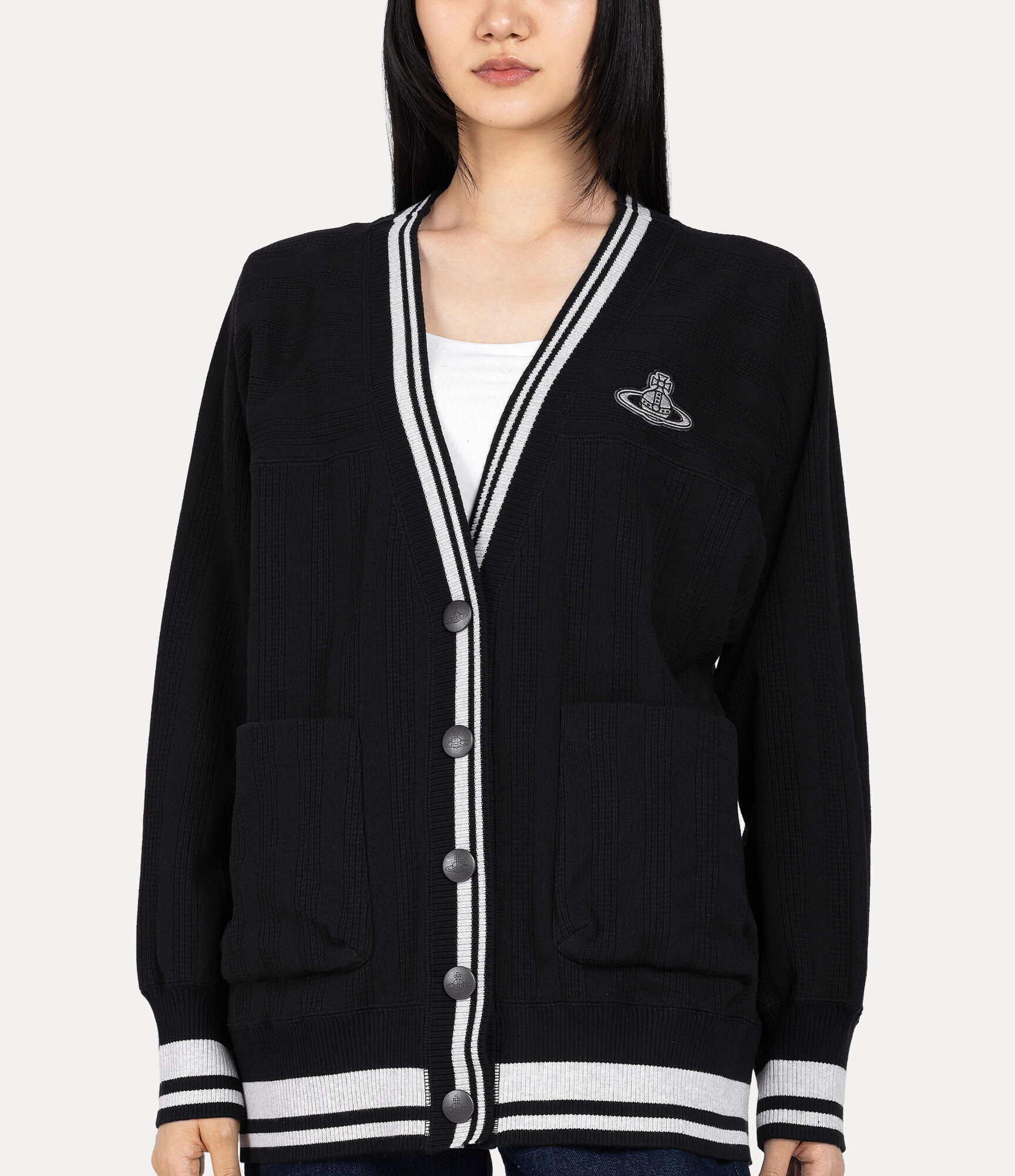 Waffle Stripe Jersey V-Neck Cardigan in BLACK | Vivienne Westwood®