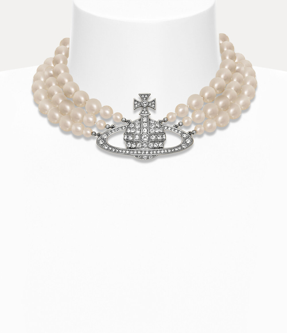 Vivienne Westwood Three Row Pearl Bas Relief Choker in Silver