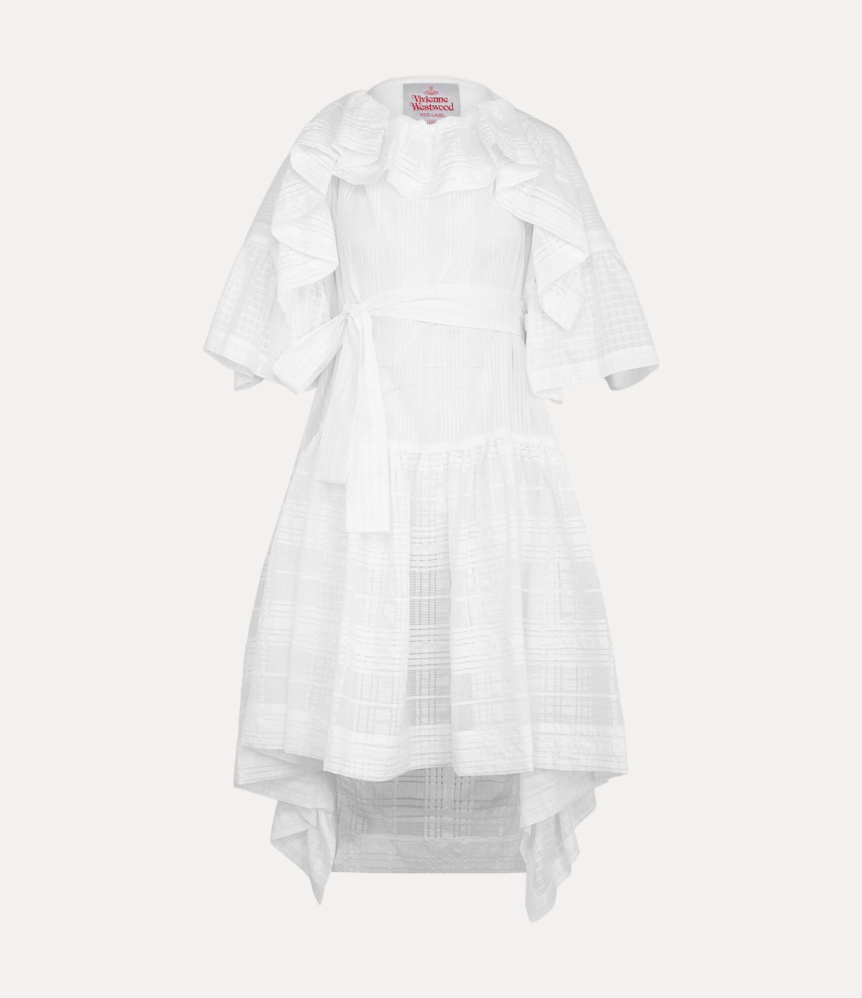 Texture Check Blocking Gathered Frill Dress in WHITE | Vivienne