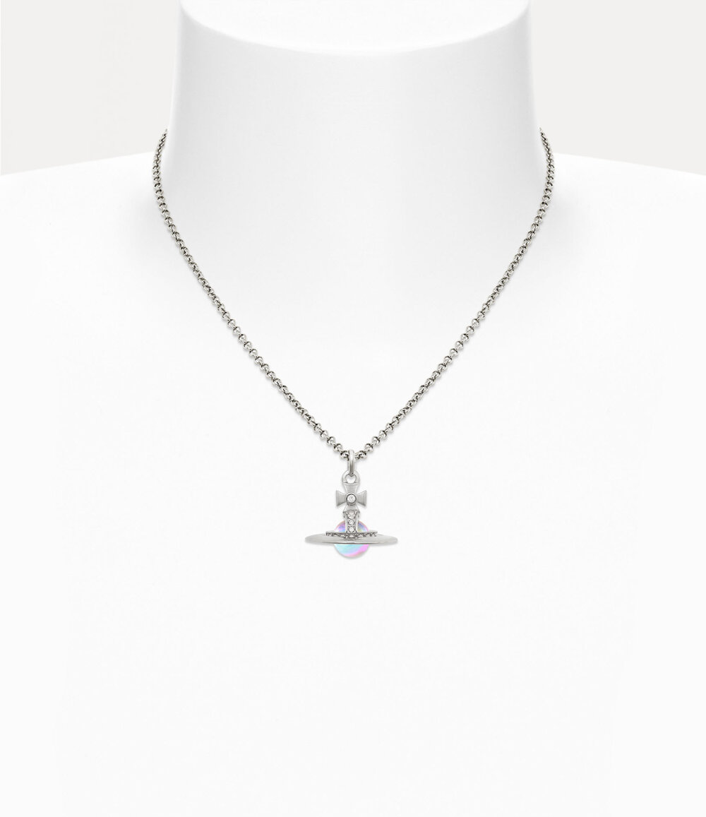 Vivienne Westwood New Tiny Orb Pendant Necklace in Platinum White Crystal Pink Ab Cz, view 2
