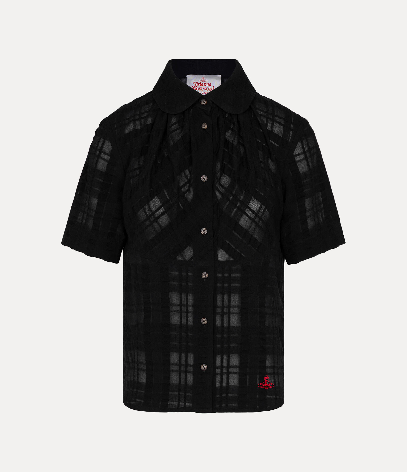 Shadow Check Short Sleeve Bib Gathered Shirt in BLACK | Vivienne