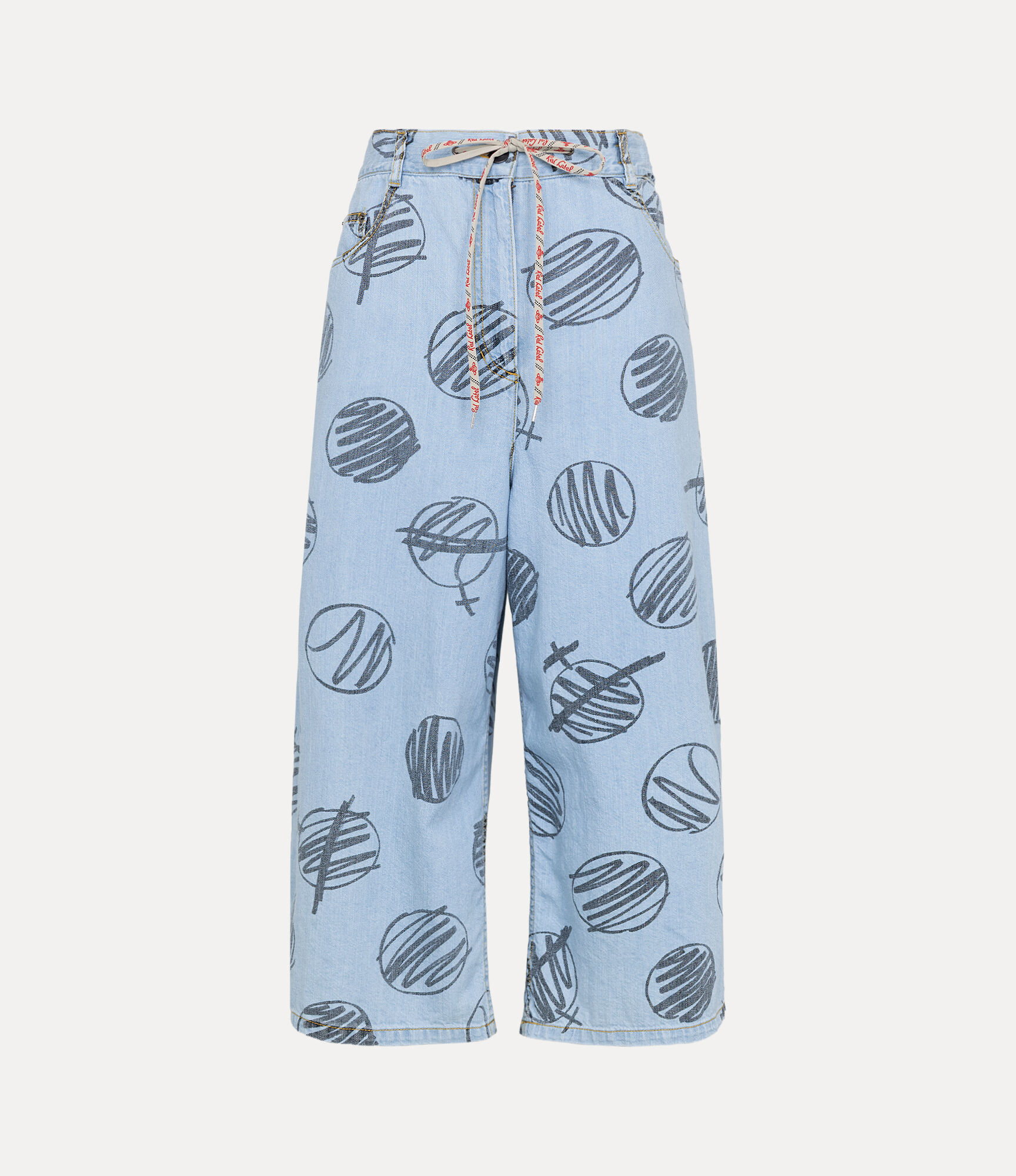 Scribble Dots Print Denim Elastic Gathered Wide Trousers