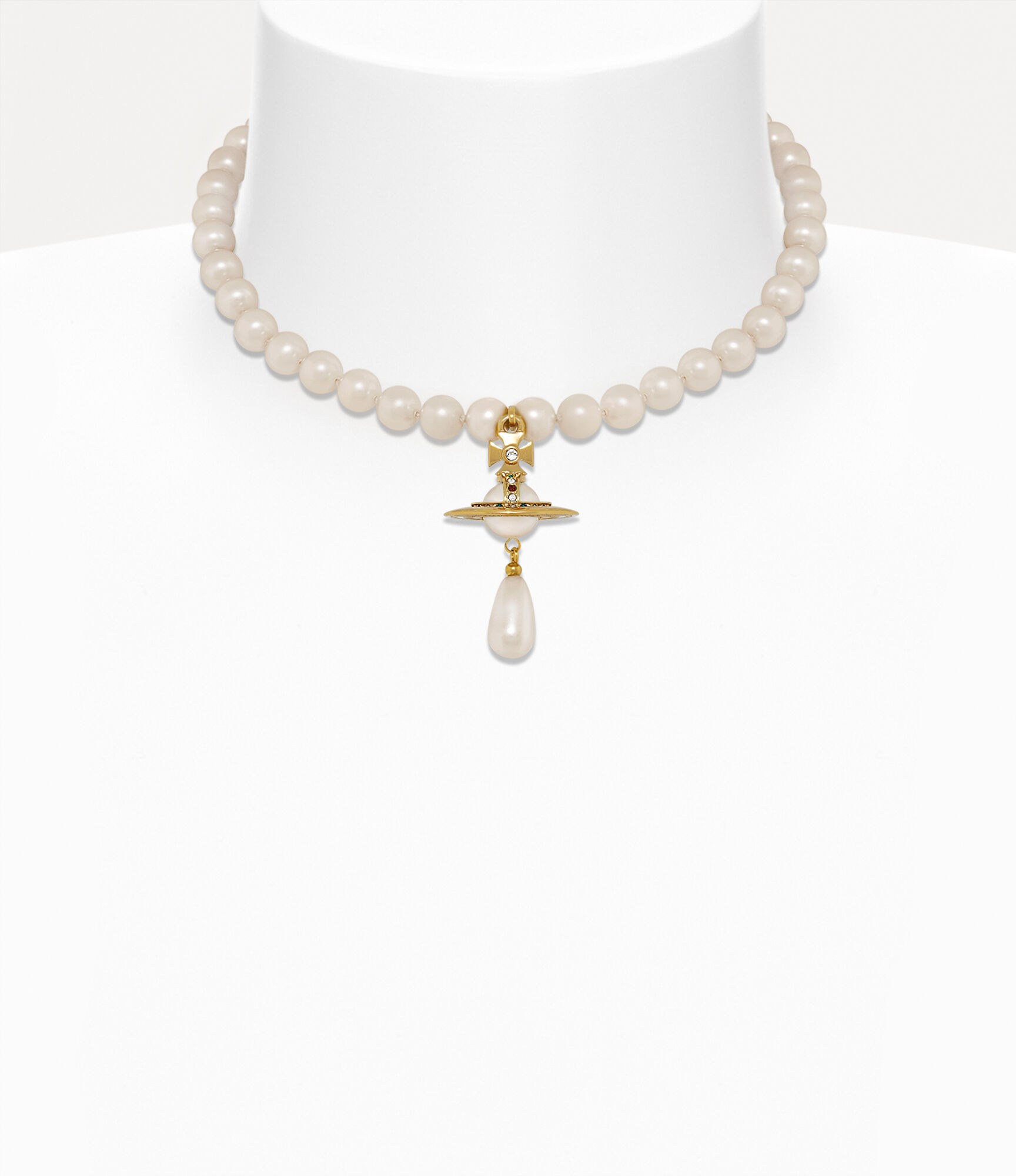One Row Pearl Drop チョーカー - ゴールド、パール、マルチ