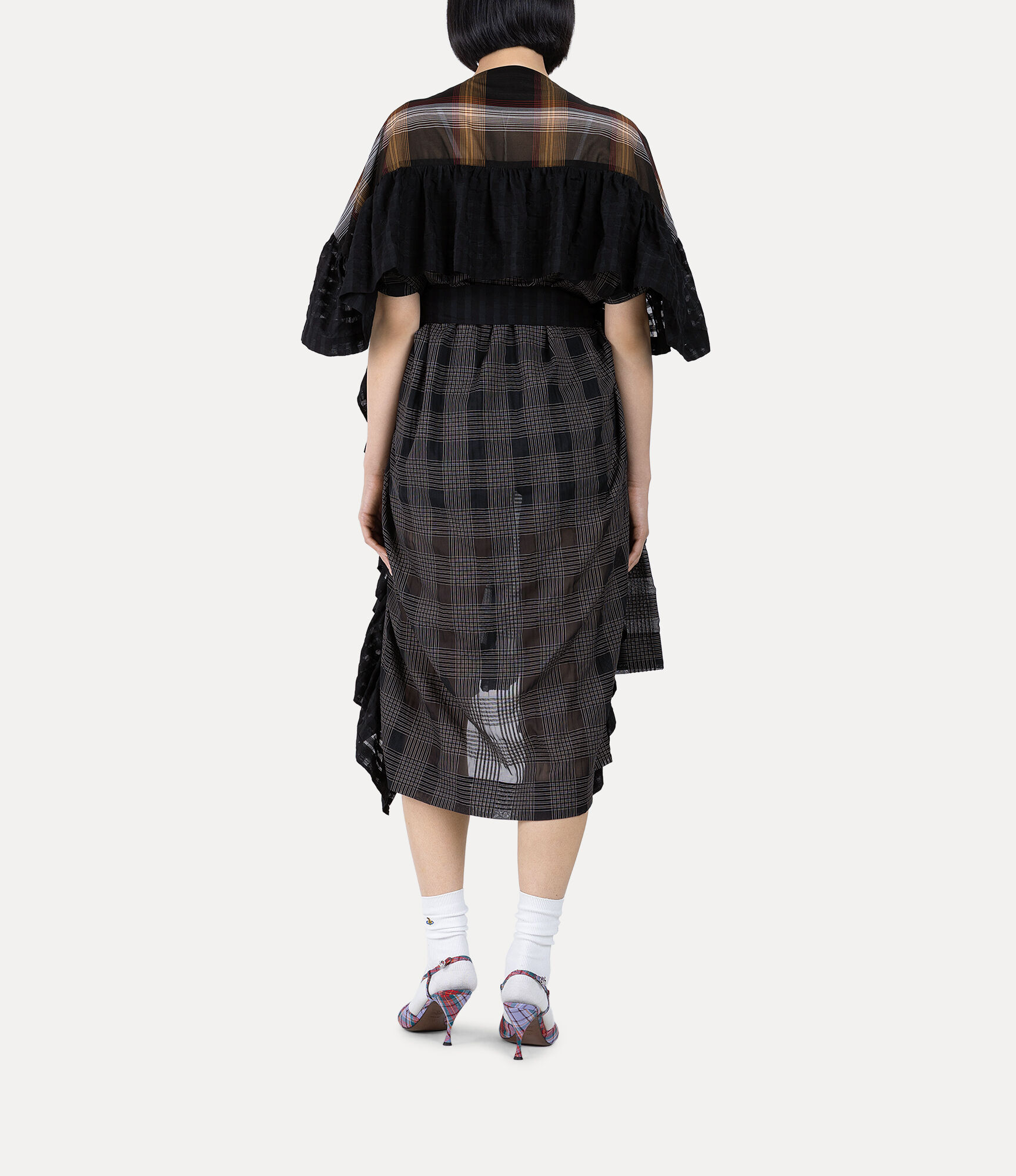 Texture Check Blocking Gathered Frill ドレス - ブラック | Vivienne