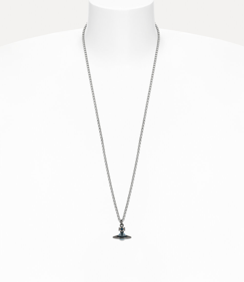 Vivienne Westwood Man. New Tiny Orb Pendant Necklace in Ruthenium Platinum Montana Crystal Blue Cz, view 2