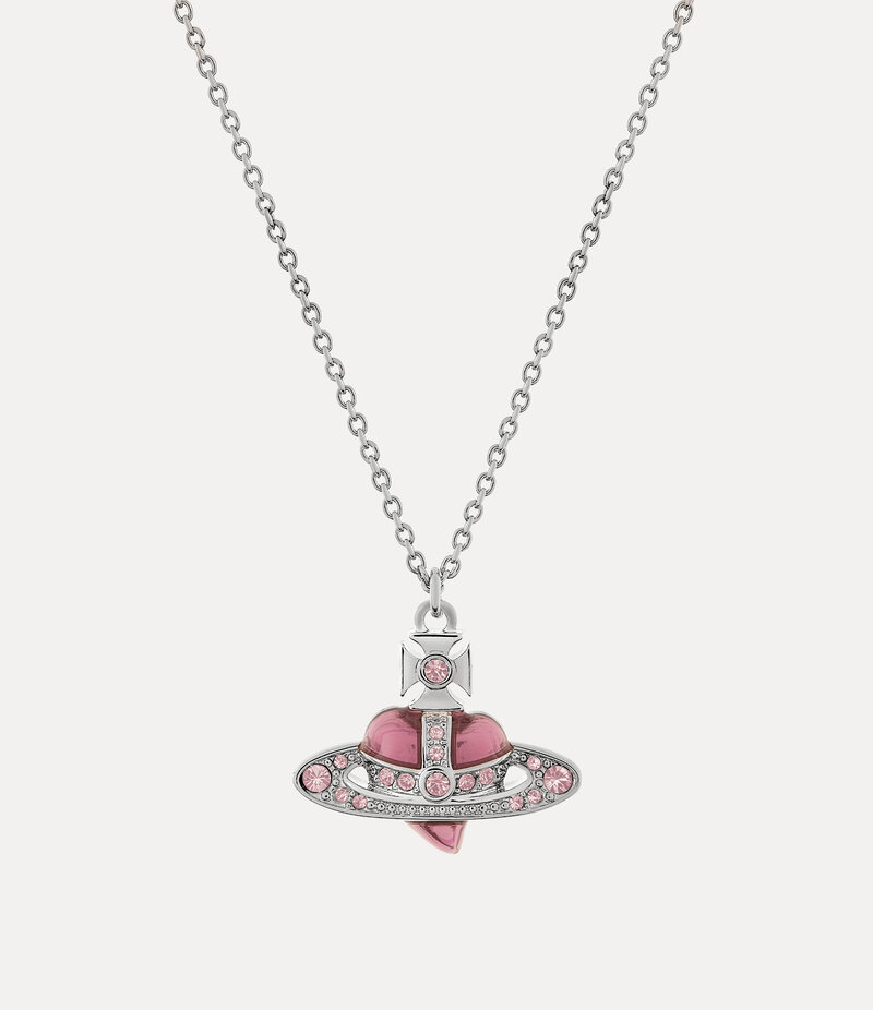 Vivienne Westwood New Diamante Heart Pendant Necklace in Platinum Vintage Rose Crystal Light Rose Enamel