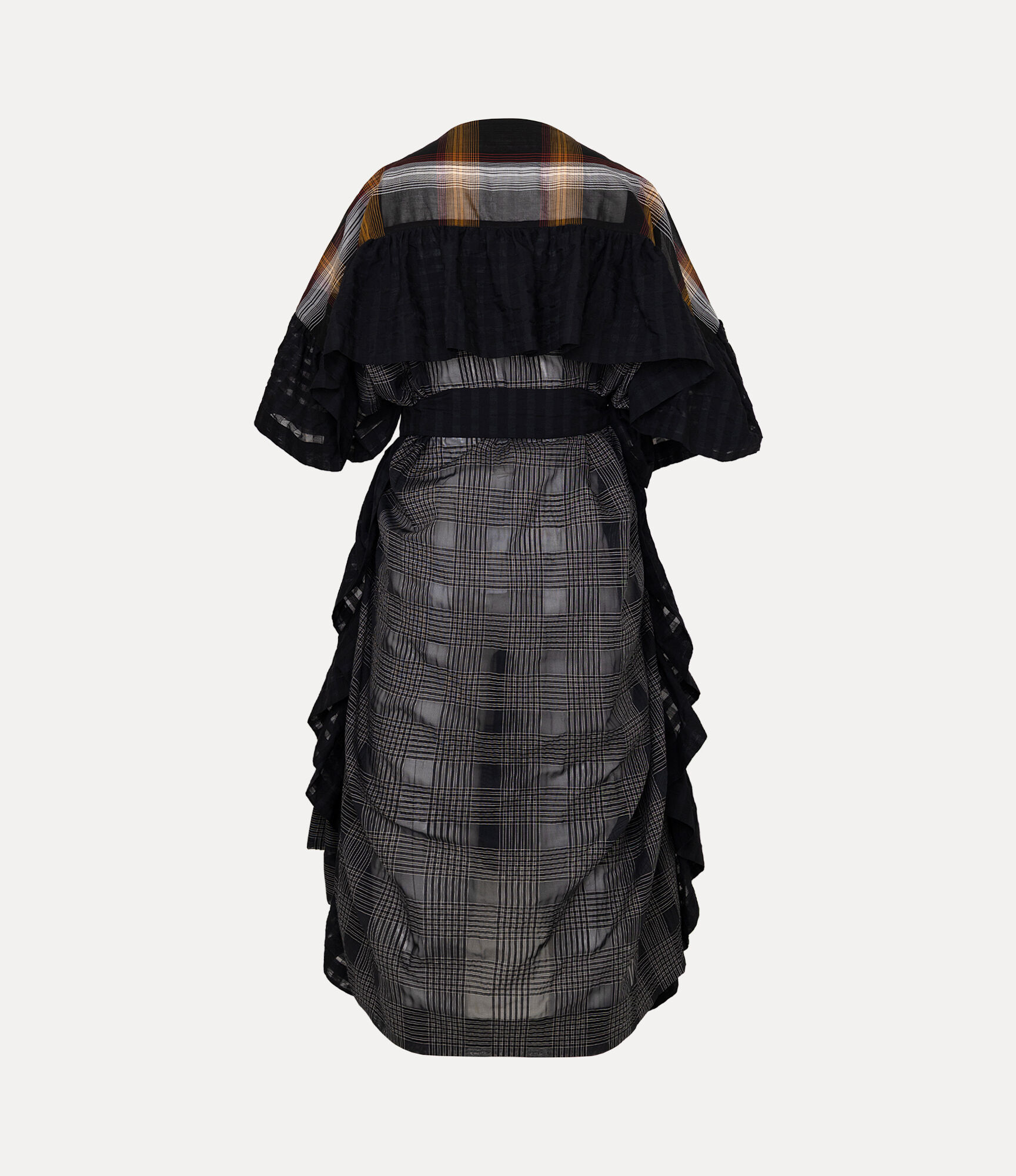 Texture Check Blocking Gathered Frill ドレス - ブラック | Vivienne