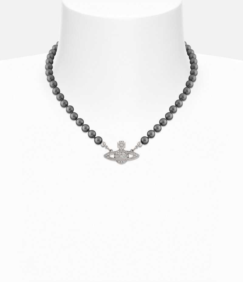 Vivienne Westwood Mini Bas Relief Pearl Choker in Platinum Labrador Crystal Dark Grey Pearl