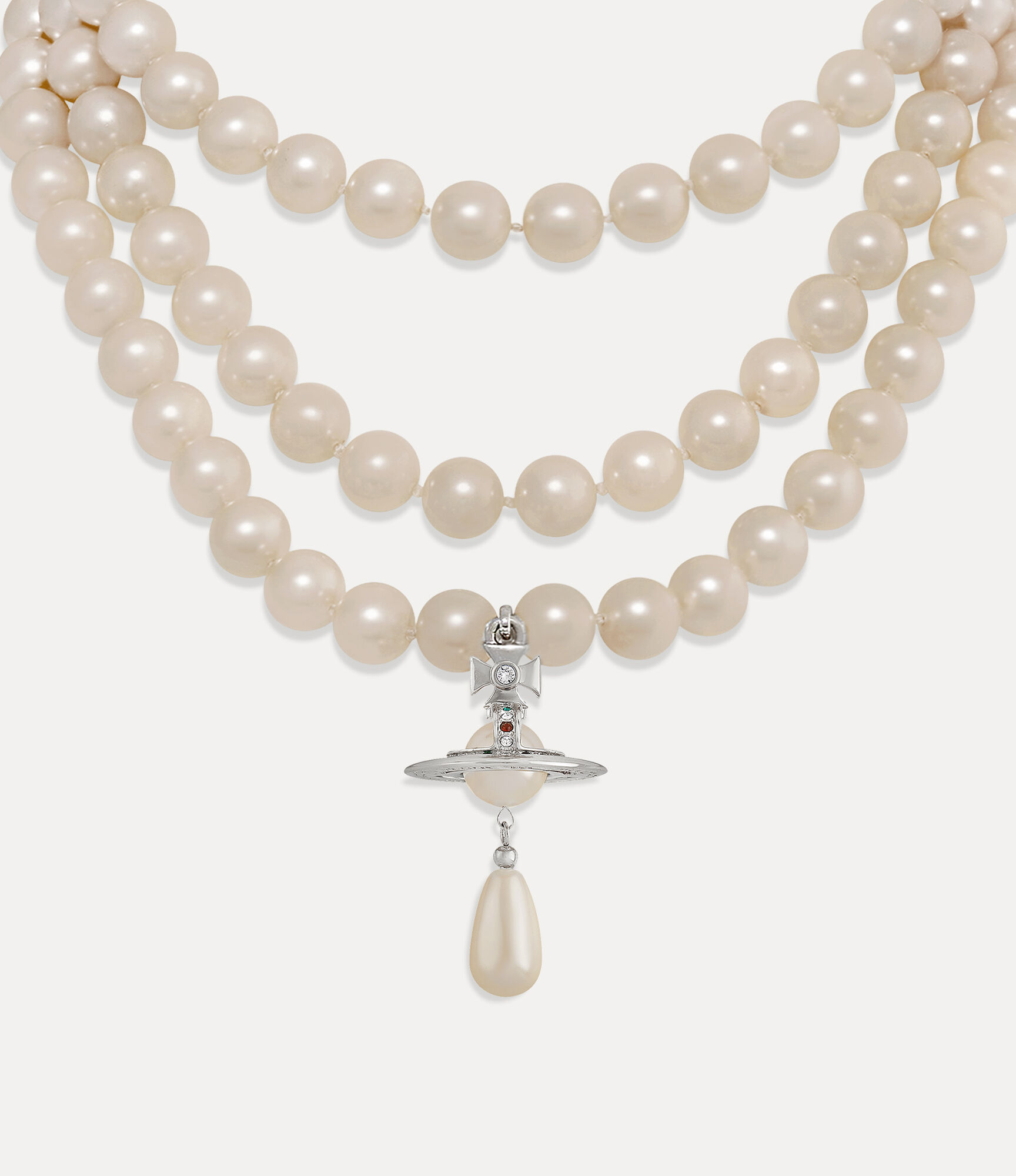 Three Row Pearl Drop Choker in PLATINUM-PEARL-MULTI Three Row Pearl Drop Choker in PLATINUM-PEARL-MULTI