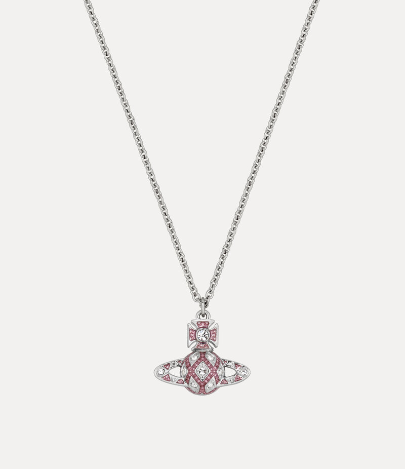 Vivienne Westwood Rachelle Bas Relief Pendant Necklace in Platinum White Crystal Transparent Rose Enamel
