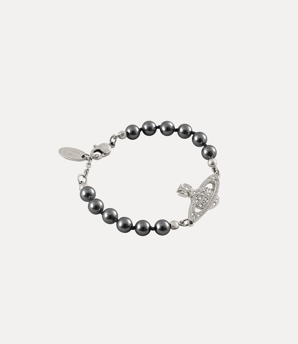 Vivienne Westwood Mini Bas Relief Pearl Bracelet in Platinum Labrador Crystal Dark Grey Pearl, view 2