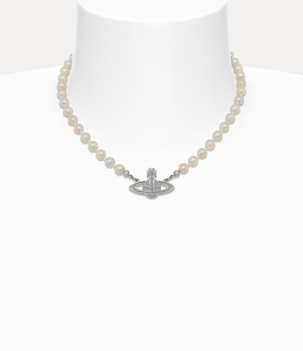 Vivienne Westwood Mini Bas Relief Pearl Choker in Platinum Crystal Crystal