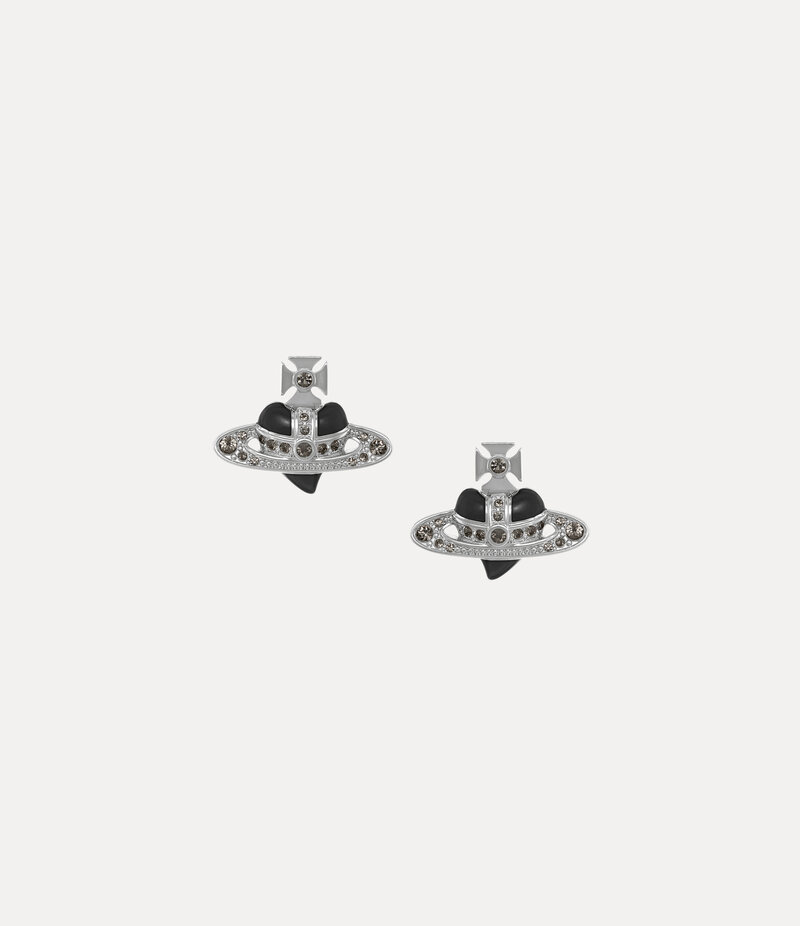 Vivienne Westwood New Diamante Heart Earrings in Platinum Black Diamond Crystal Black Enamel