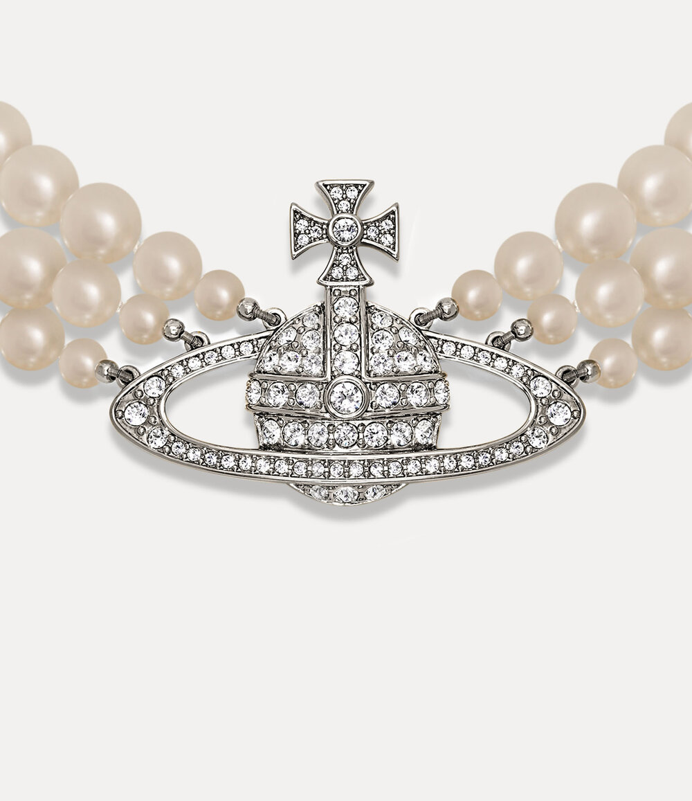 Vivienne Westwood Three Row Pearl Bas Relief Choker in Silver, view 2