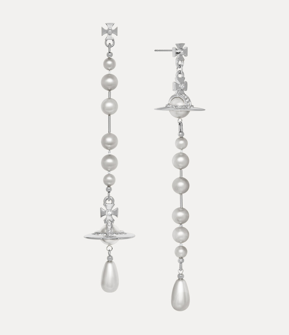 Vivienne Westwood Broken Pearl Earrings in Platinum Light Grey Pearl Black Diamond Crystal