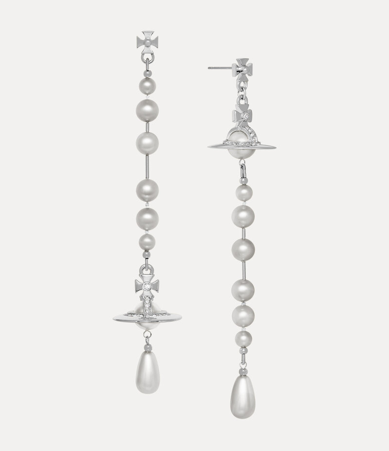 Vivienne Westwood Broken Pearl Earrings in Platinum Light Grey Pearl Black Diamond Crystal
