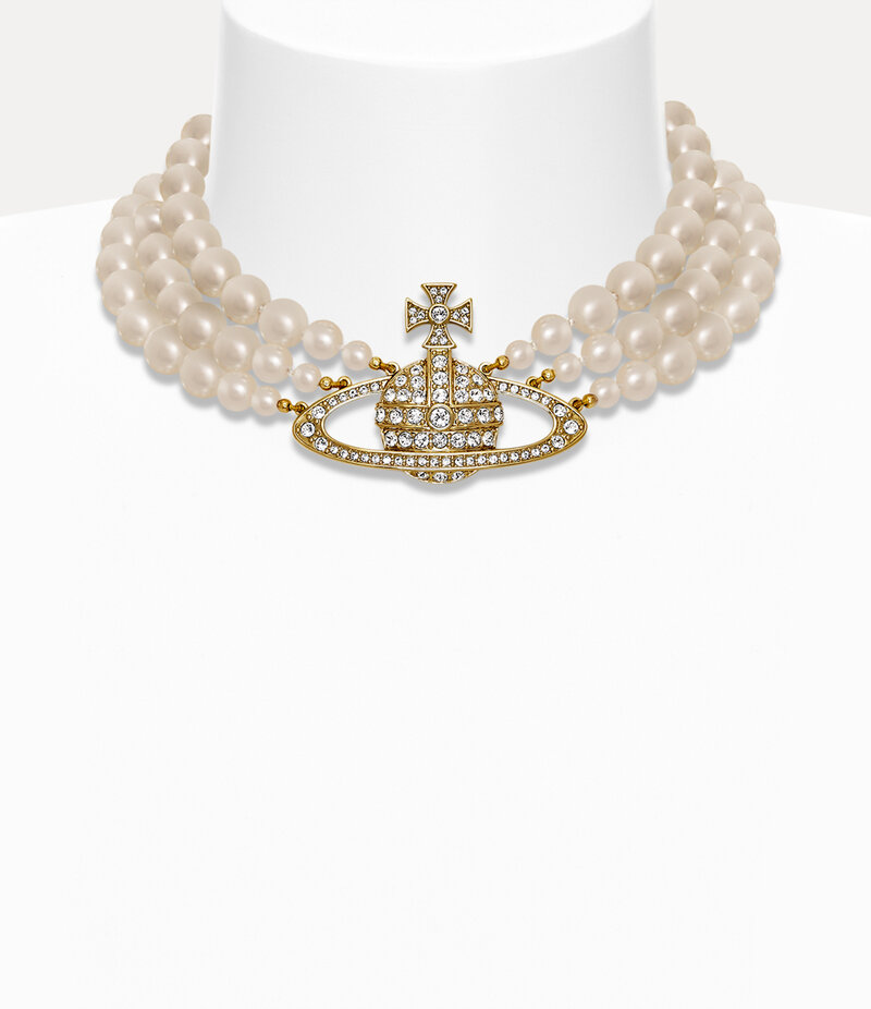 Vivienne Westwood Three Row Pearl Bas Relief Choker in Gold