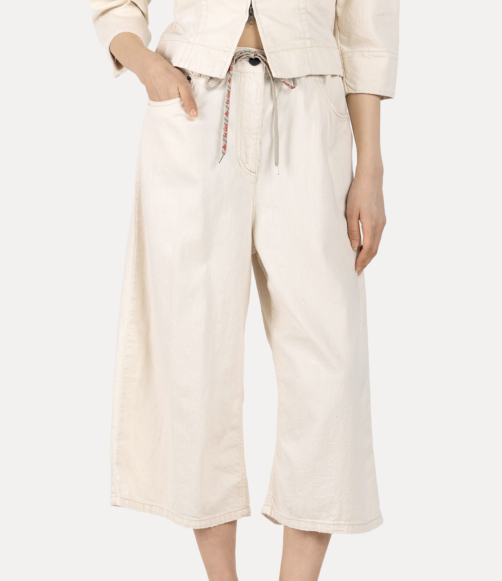 Light Denim Elastic Gathered Wide Trousers in OFF-WHITE | Vivienne