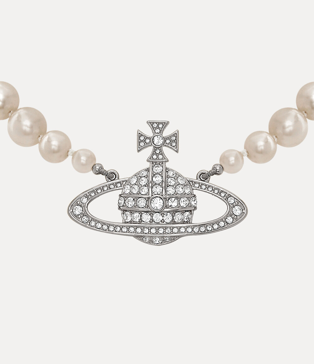 Vivienne Westwood One Row Bas Relief Pearl Choker in Platinum Cream Crystal, view 2